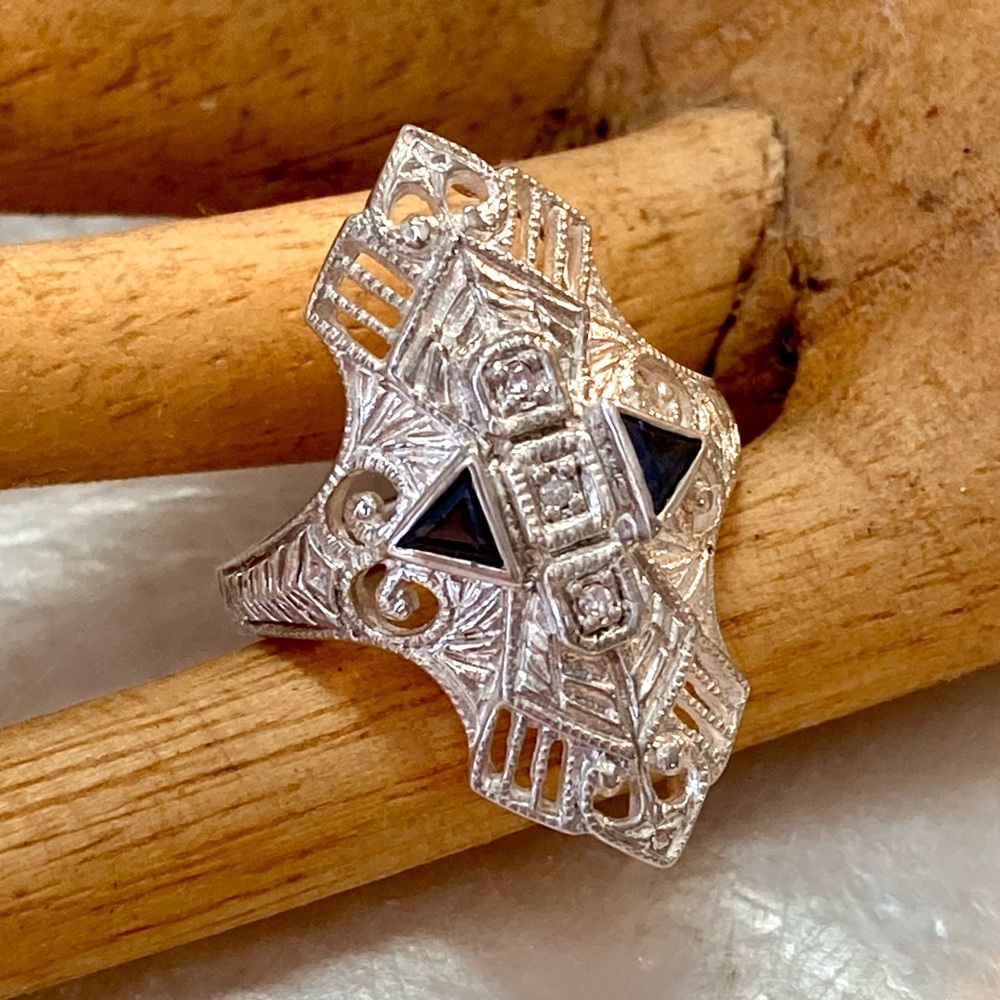 Superb Vintage Sterling Silver Diamond and Sapphire Cocktail Ring